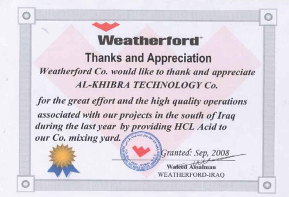 Thanks and appreciation certificate from Weatherford Iraq