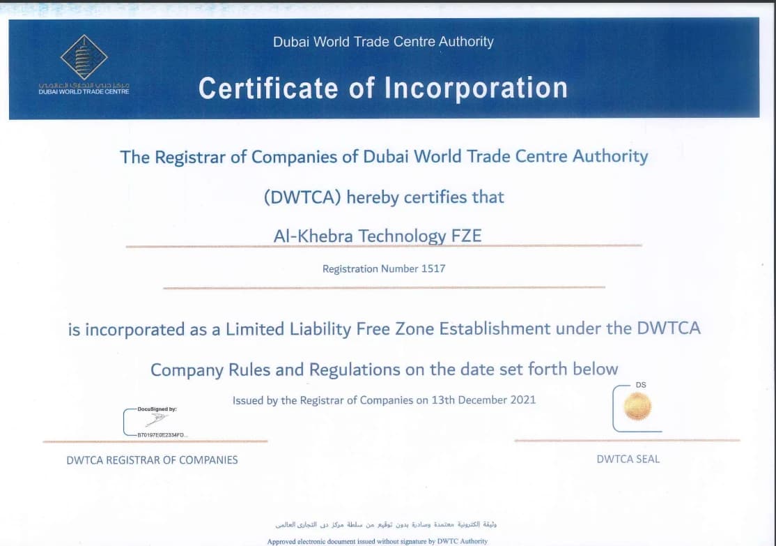 Al-Khebra Technology FZE certificate of incorporation from the Dubai World Trade Centre Authority